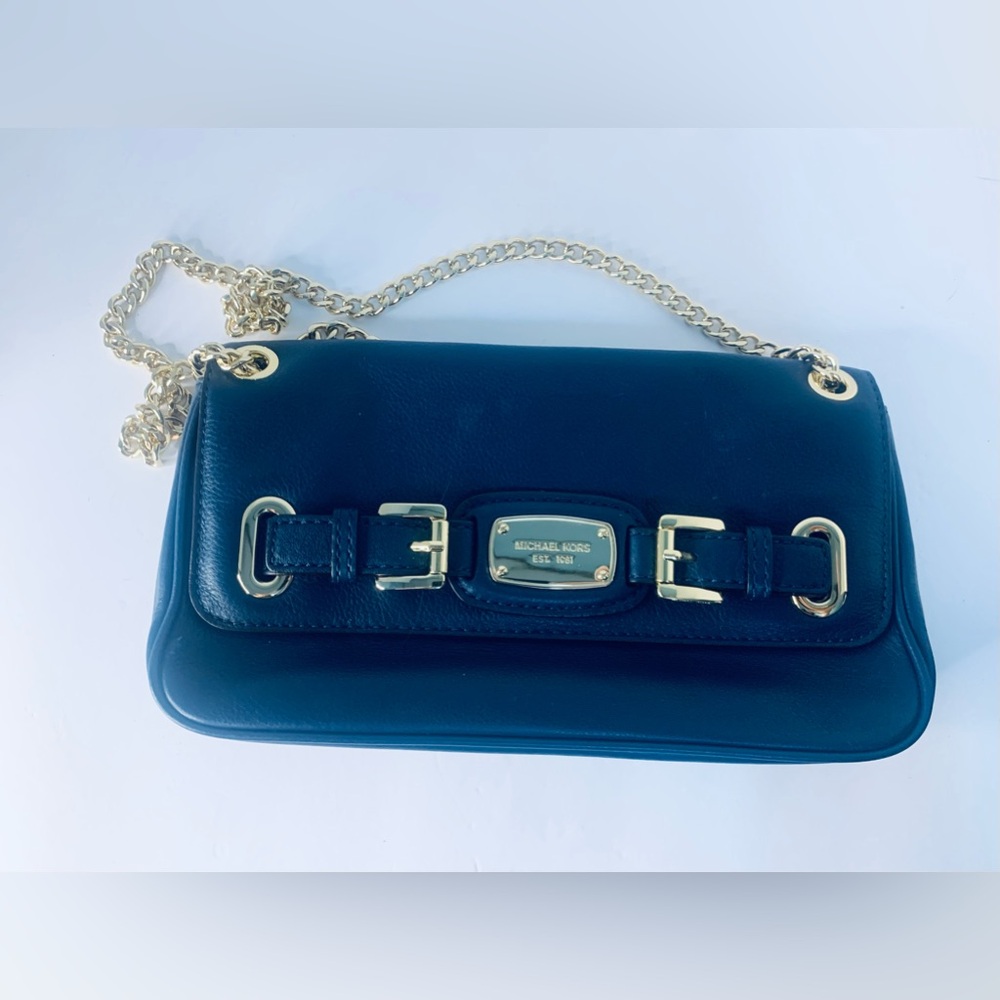 MICHAEL KORS NAVY LEATHER HAMILTON FLAP SHOULDER BAG